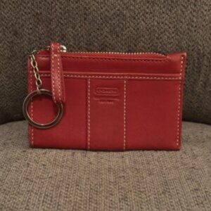 Coach Red Leather Zip Card Case Wallet w/ Key Ring – Compact Wristlet Pouch